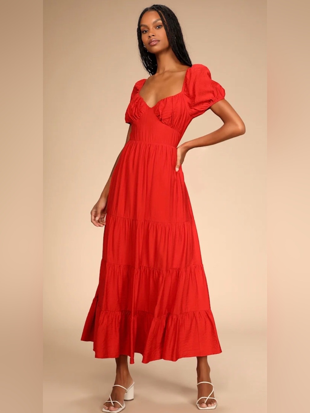 LULUS La Vita Bella Red Puff Sleeve Maxi Dress NWT Sz Small